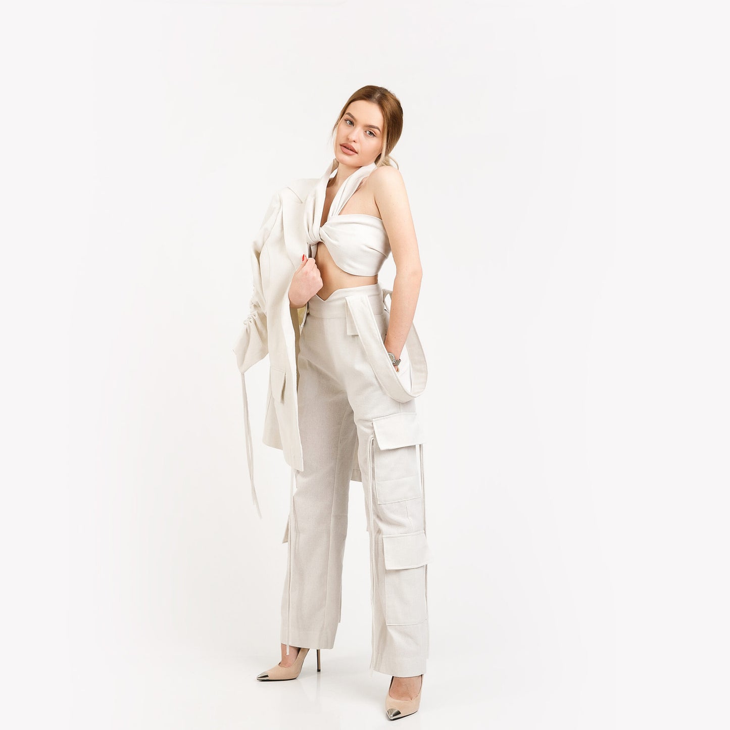 Compleu din 3 piese, top, sacou, pantaloni cargo din in - off white