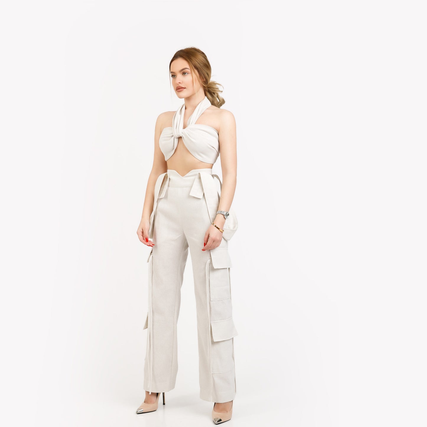 Compleu din 3 piese, top, sacou, pantaloni cargo din in - off white