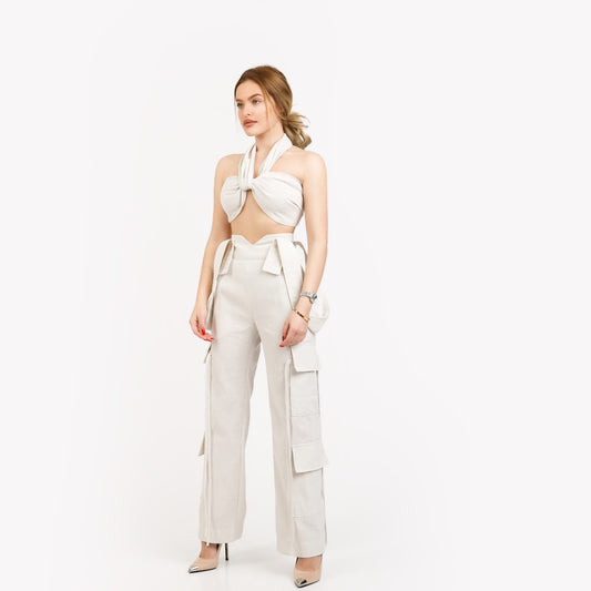 Compleu din 2 piese, top si pantaloni cargo din in - off white