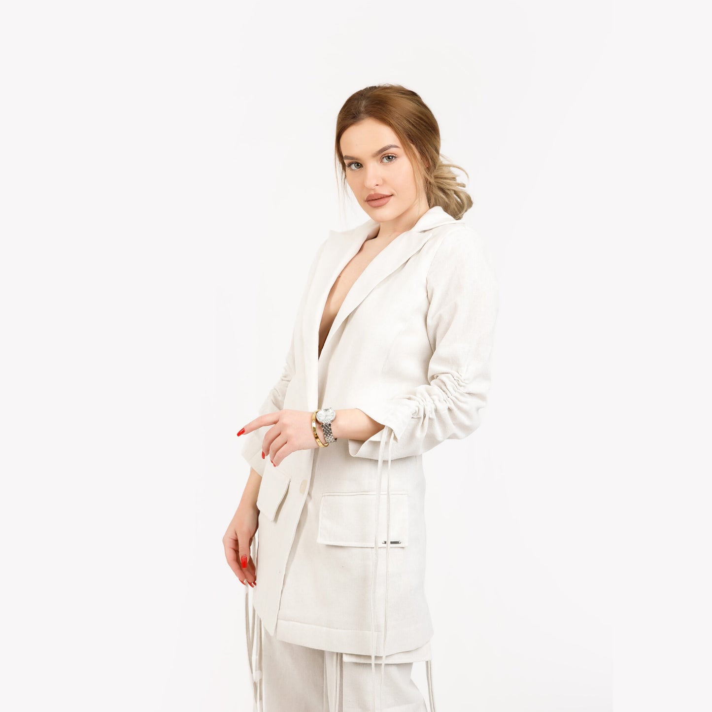 Compleu din 3 piese, top, sacou, pantaloni cargo din in - off white