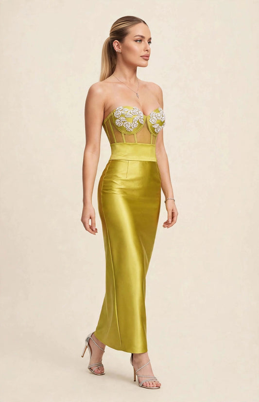Compleu / rochie din 2 piese: corset cu pietre și fustă lungă – lime