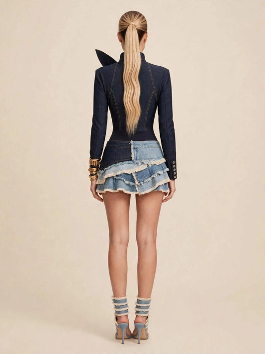 Body cu mânecă lungă, eșarfă twist și nasturi sidefați - denim