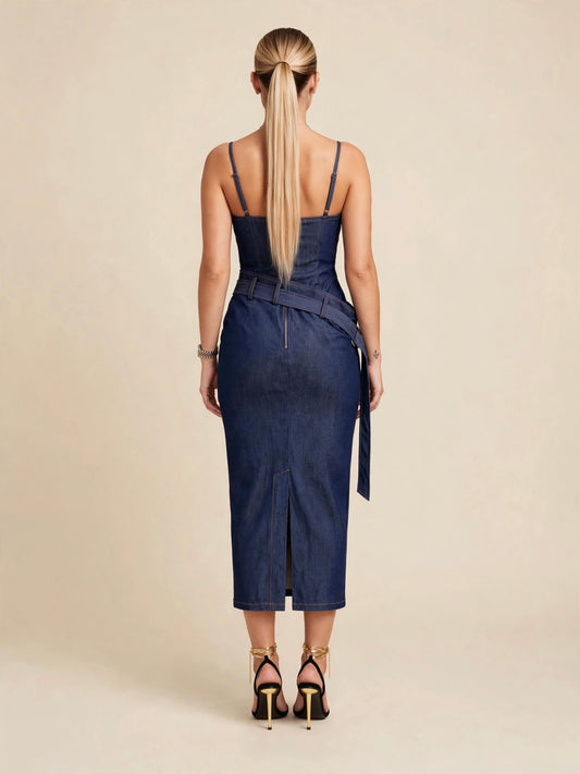 Rochie midi denim cu cupe și centură asimetrică - albastru închis
