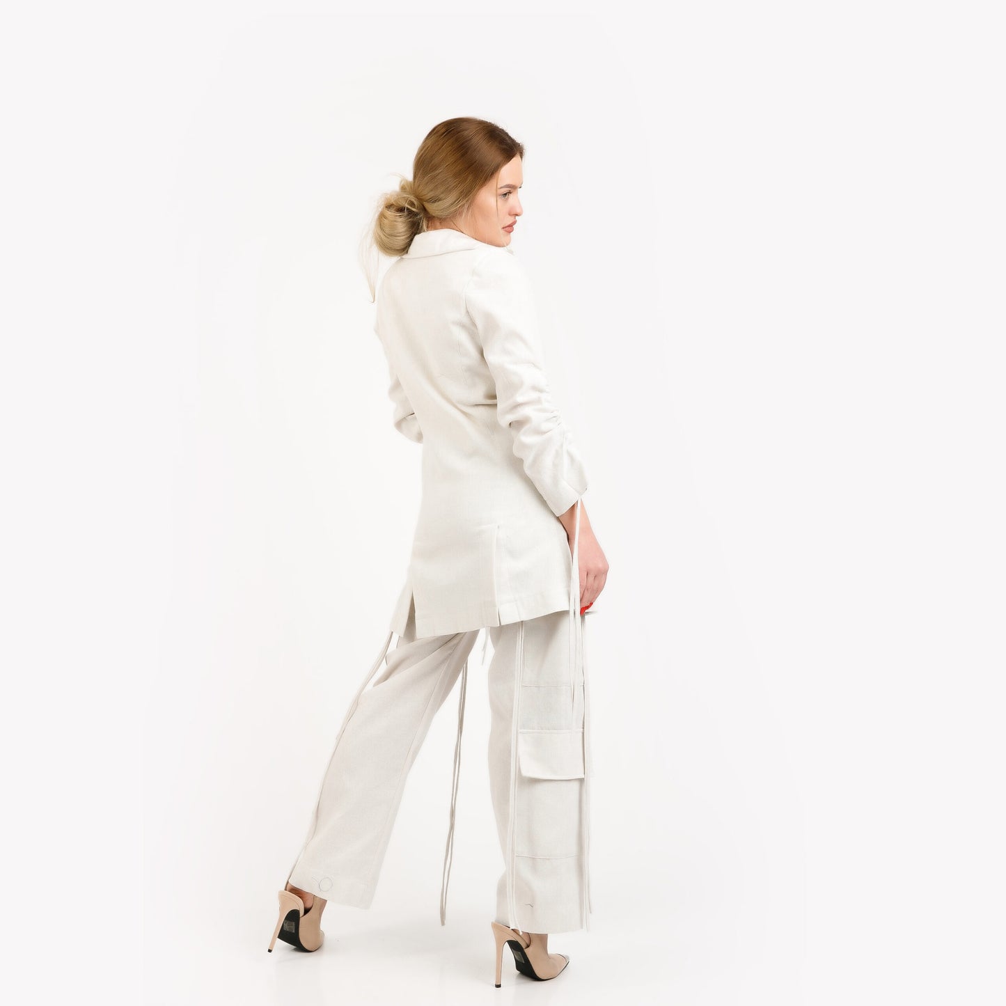 Compleu din 3 piese, top, sacou, pantaloni cargo din in - off white