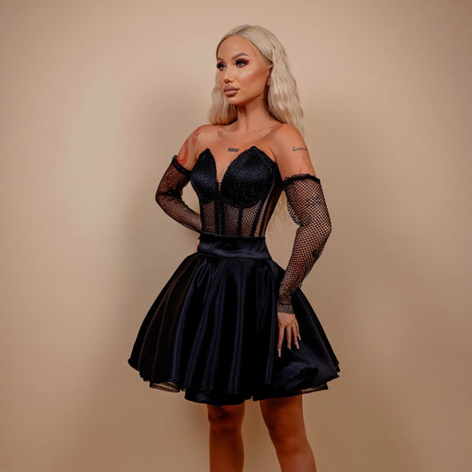 Rochie din 3 piese: corset, mănuși si fusta scurta – negru