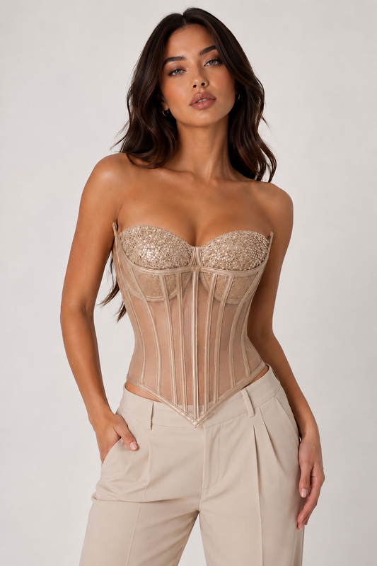 Corset cu piele și paiete - bej