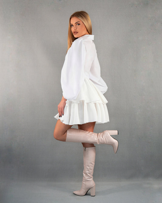 Compleu din 2 piese, cămașă cu mâneci bufante și fusta cu talie înaltă - alb