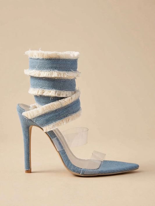 INDIGO sandale cu toc - denim cu franjuri