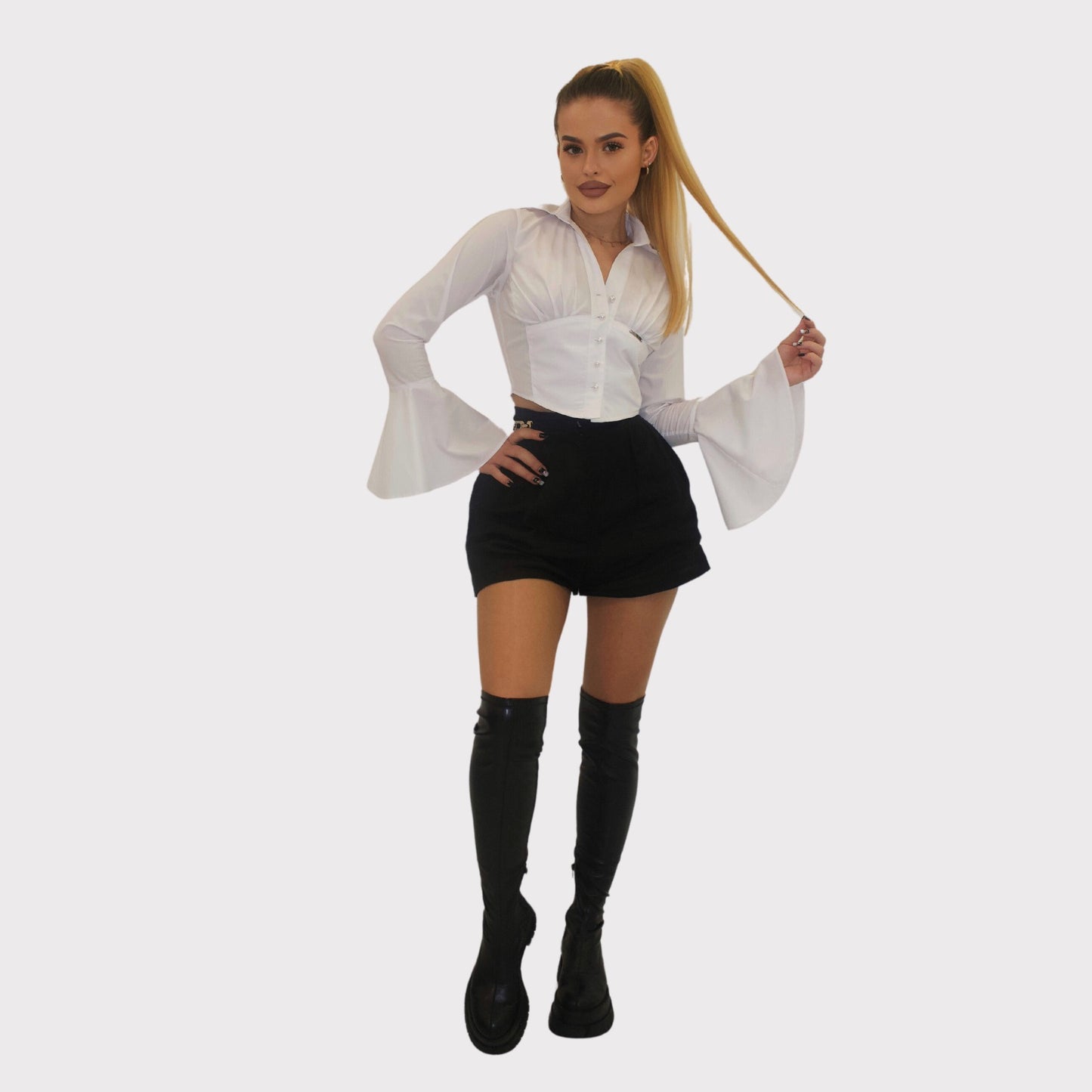 Camasa scurta, cu corset elastic si maneci clopot - alba
