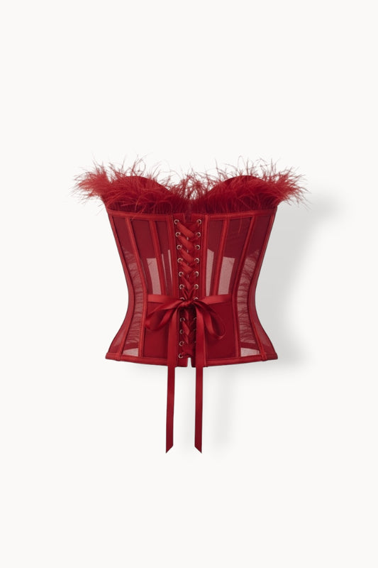 Corset cu pene și tul transparent – roșu