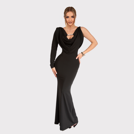 Rochie lungă, mulată, cu mânecă lungă și decolteu drapat – negru mat