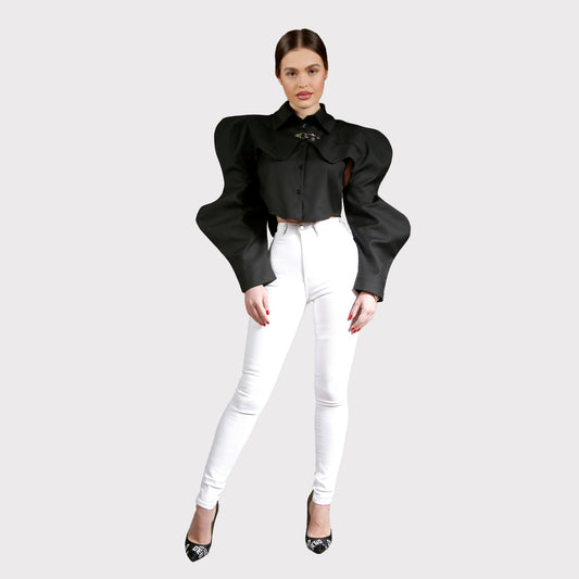 Cămașă din 2 piese, maieu și crop top cu mâneci - negru