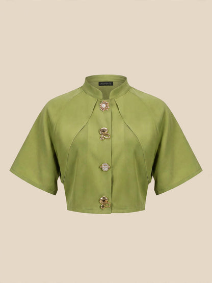 Tricou crop top accesorii metalice - verde