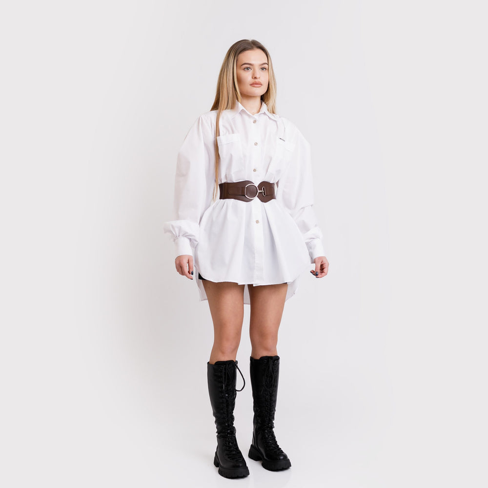 Camasa tip rochie cu curea din piele - alba