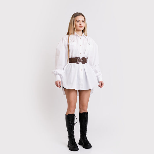 Camasa tip rochie cu curea din piele - alba
