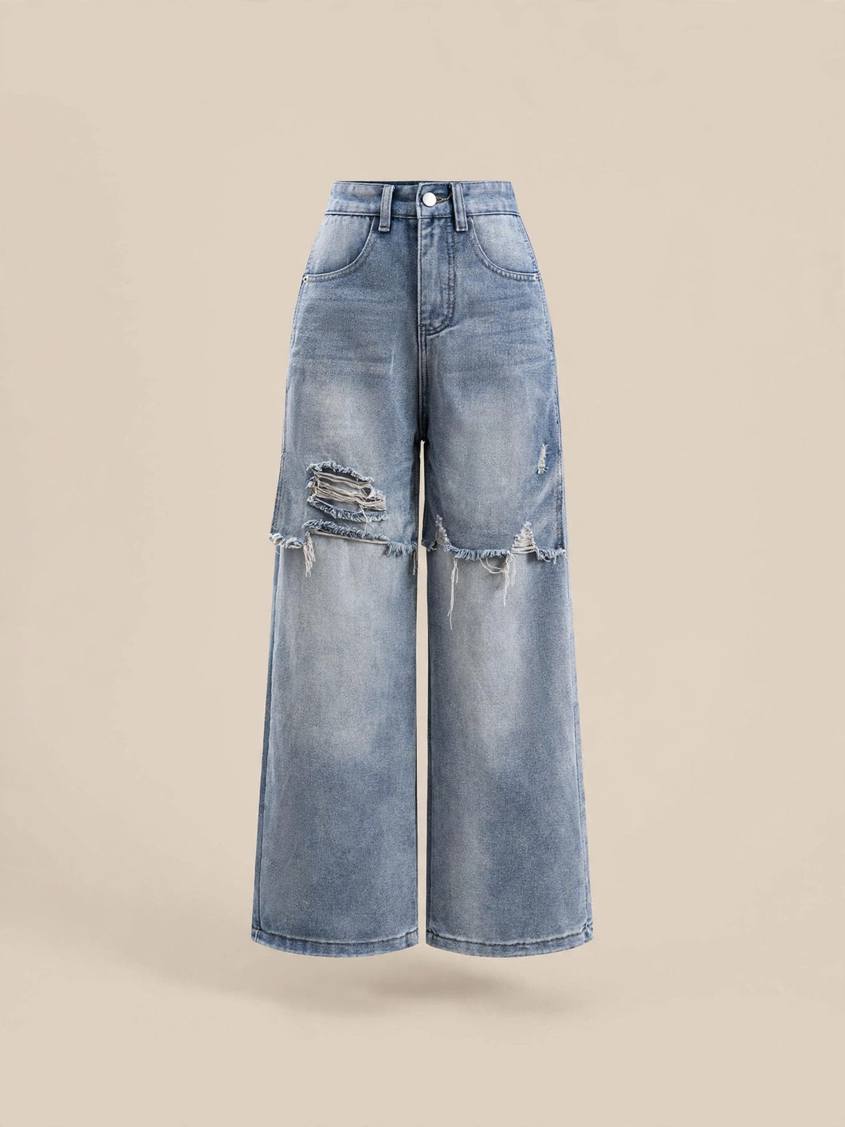 Pantaloni denim cu talie înaltă rupți - albastru