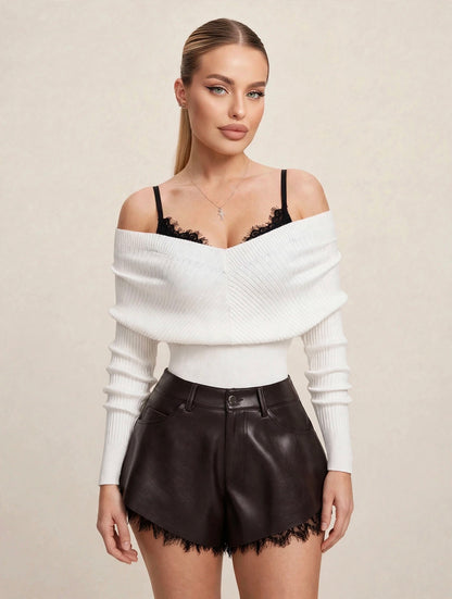 Bluza tip pulover off-shoulder cu dantelă și bretele - alb