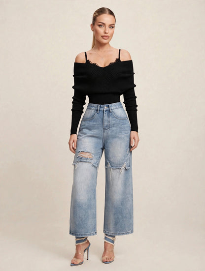 Pantaloni denim cu talie înaltă rupți - albastru