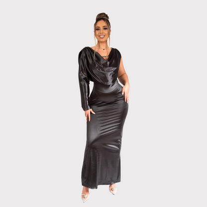 Rochie lungă, mulată, cu mânecă lungă și decolteu drapat – negru lucios