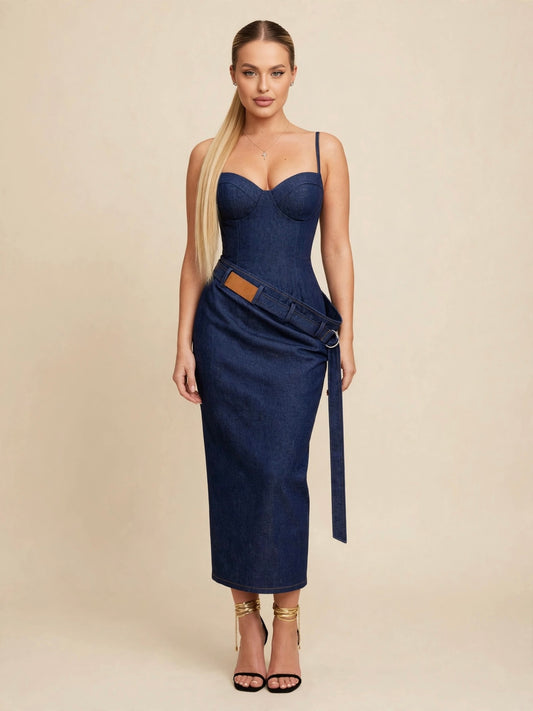 Rochie midi denim cu cupe și centură asimetrică - albastru închis