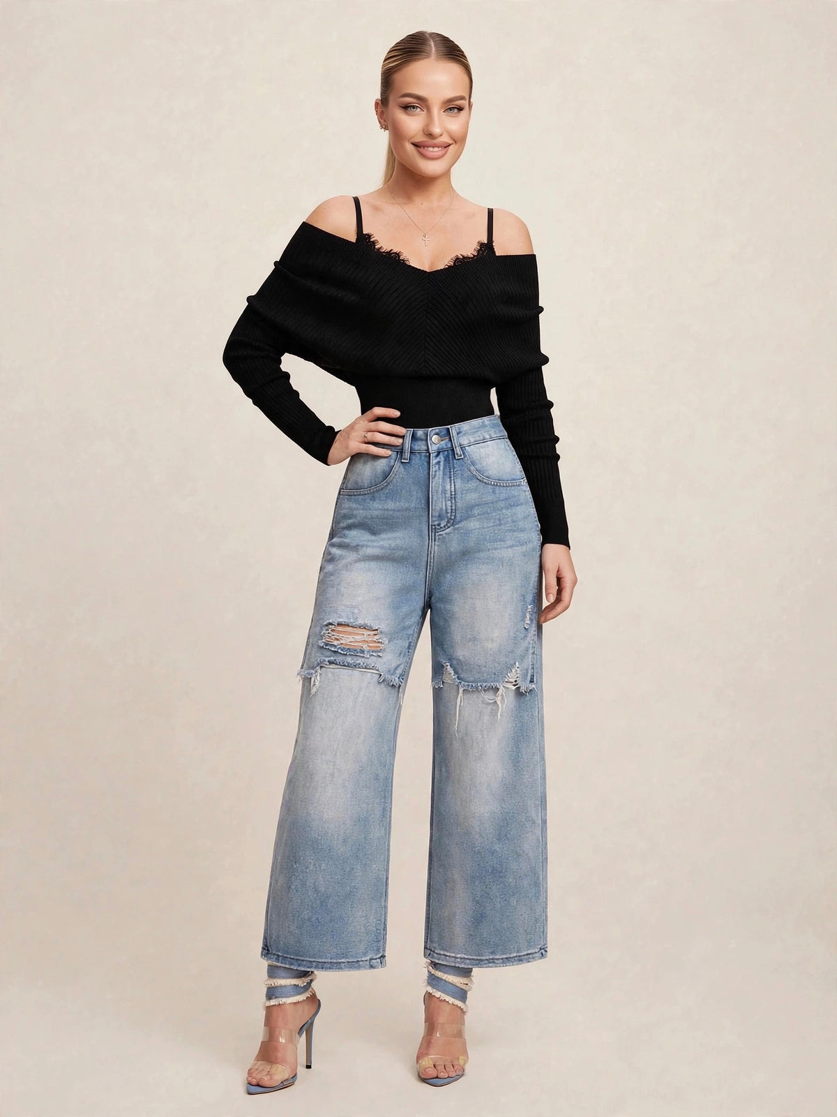 Pantaloni denim cu talie înaltă rupți - albastru