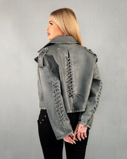 Geacă scurtă din piele cu împletituri - gri