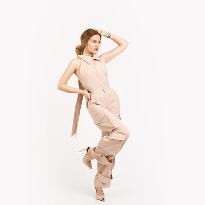 Salopeta casual, avec pantalon cargo si spatele gol - bej