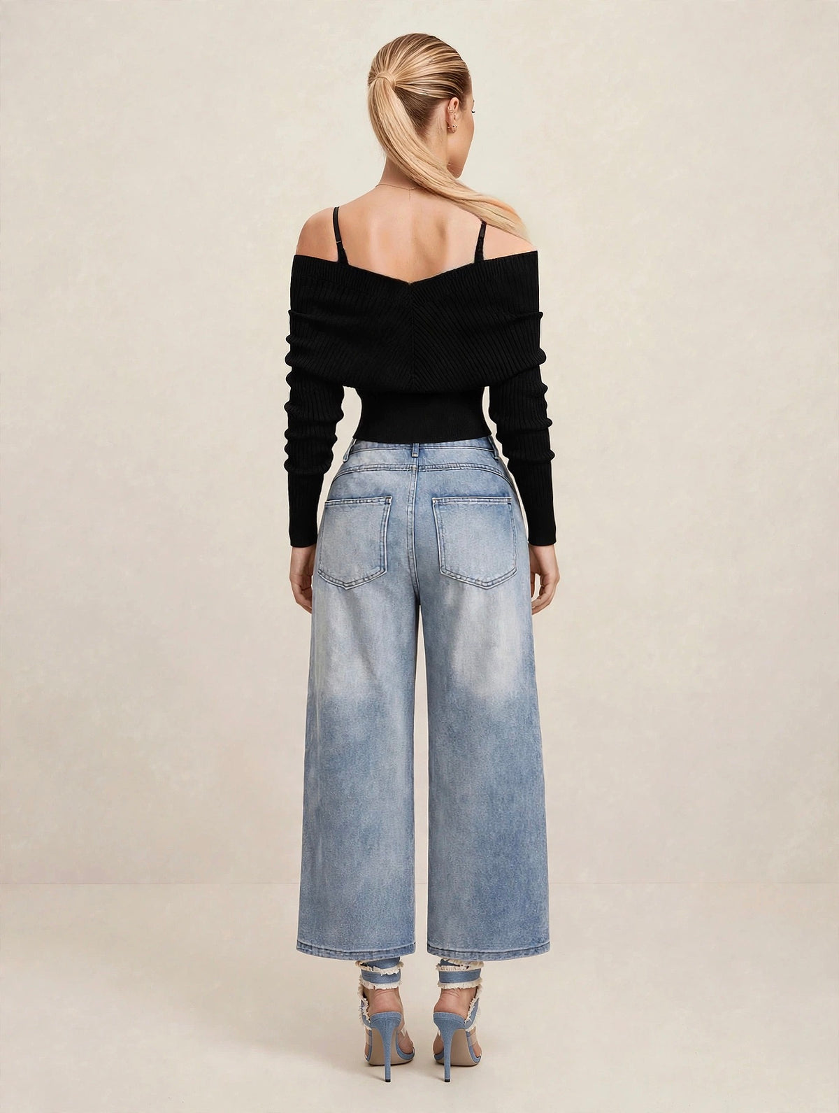 Pantaloni denim cu talie înaltă rupți - albastru
