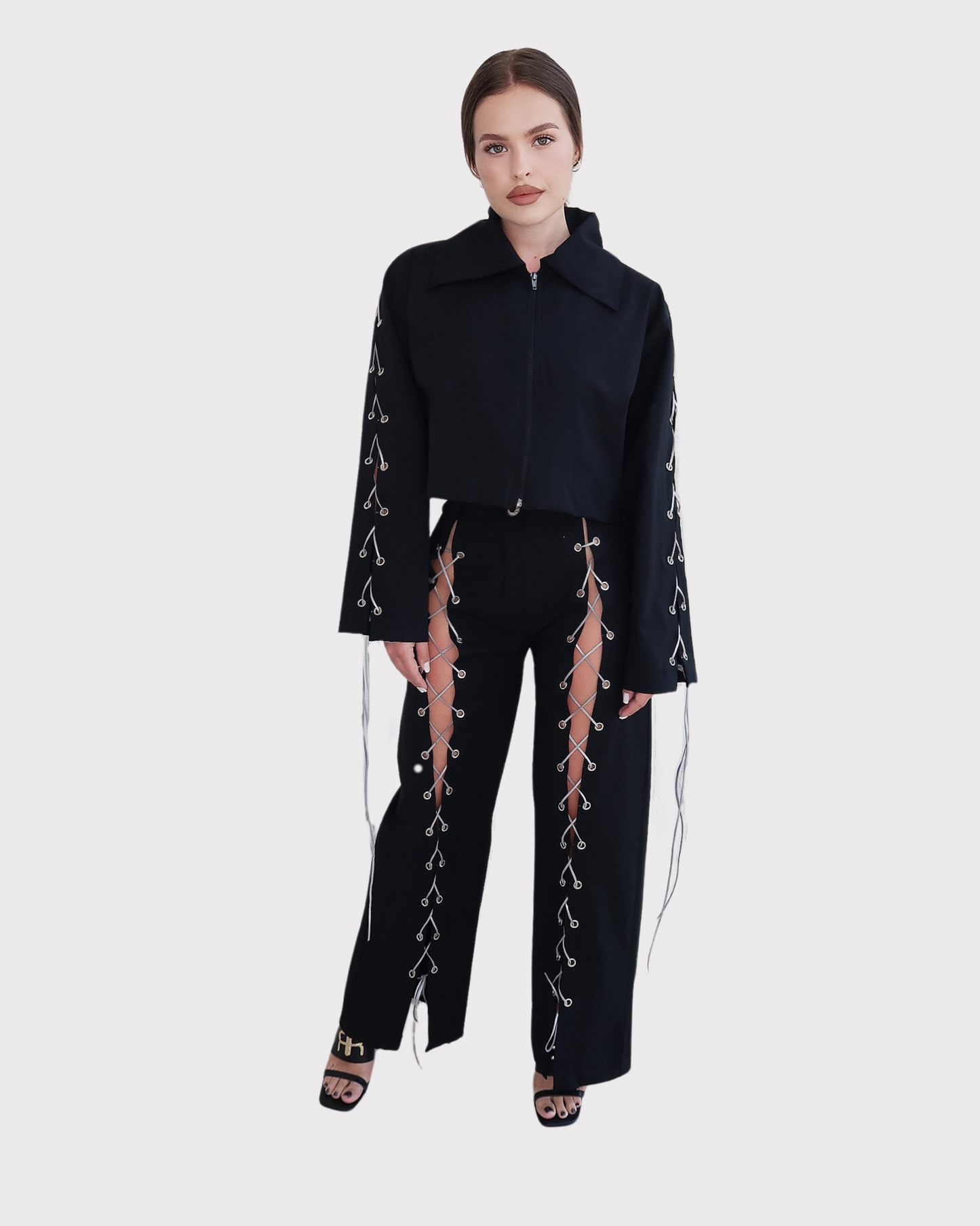 Compleu din 2 piese, geaca si pantaloni cu snur - negru