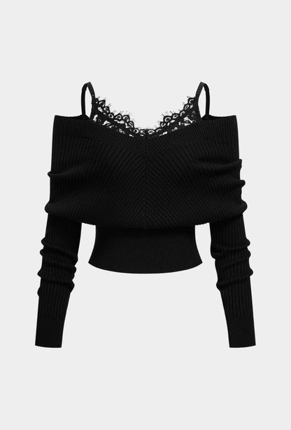 Compleu din 2 piese, bluza și pantaloni maro din piele cu dantelă - alb/maro