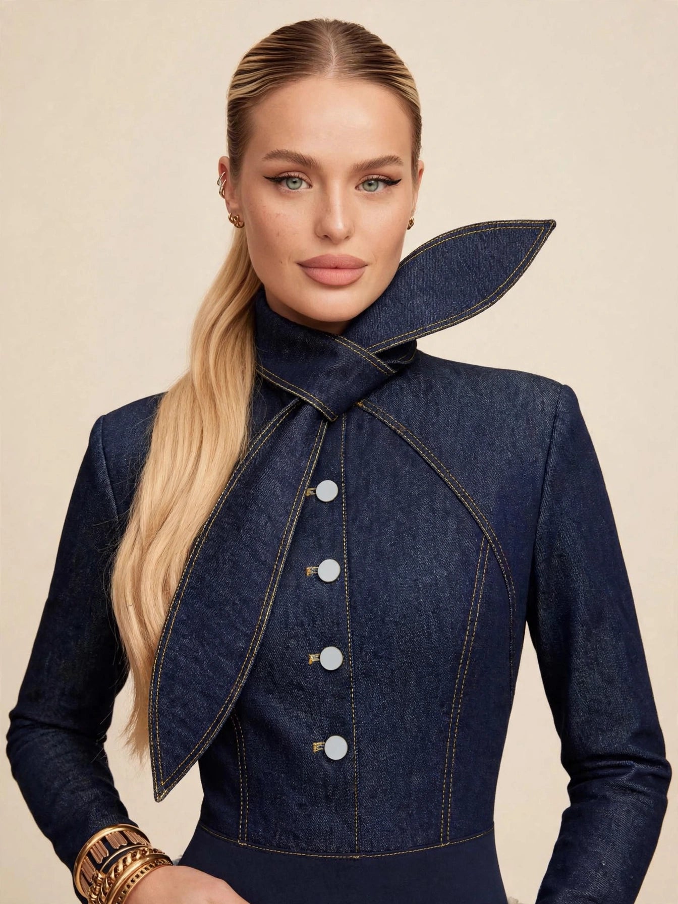 Body cu mânecă lungă, eșarfă twist și nasturi sidefați - denim