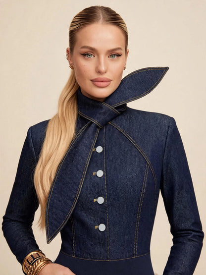 Body cu mânecă lungă, eșarfă twist și nasturi sidefați - denim