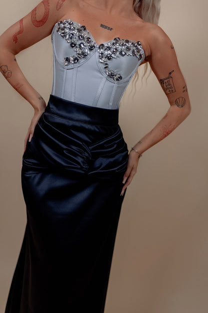 Rochie din 2 piese: corset cu diamante si fusta longa - gri cu negru