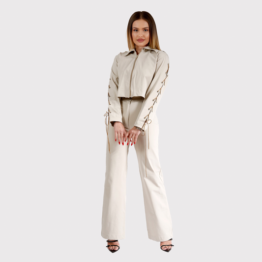 Compleu din 2 piese, geaca si pantaloni cu snur - crem
