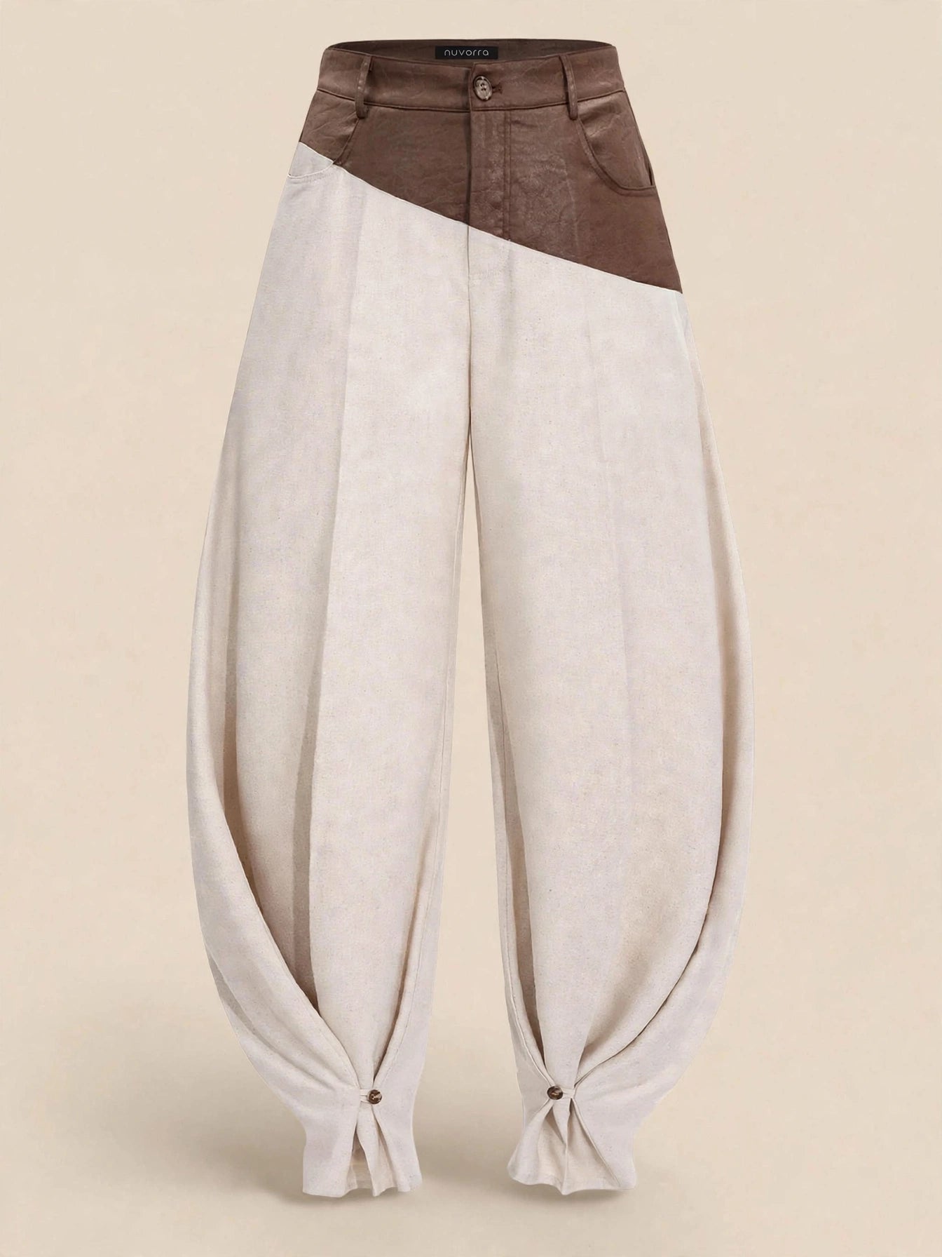 Pantaloni cu talie înaltă și piele - maro/crem