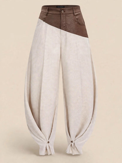 Pantaloni cu talie înaltă și piele - maro/crem