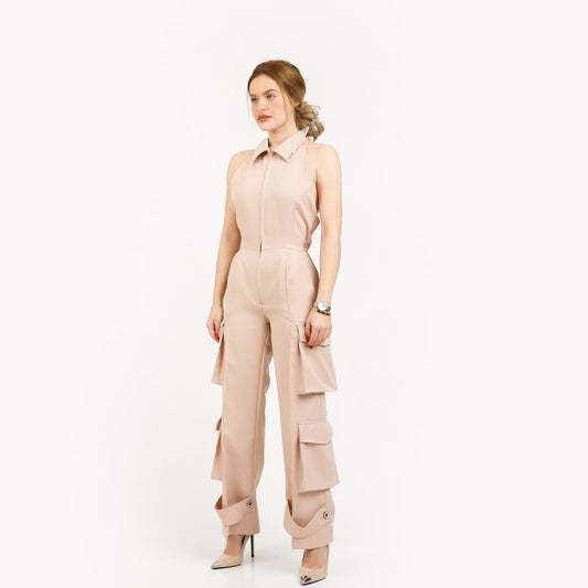 Salopeta casual, avec pantalon cargo si spatele gol - bej