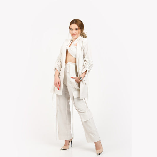 Compleu din 3 piese, top, sacou, pantaloni cargo din in - off white