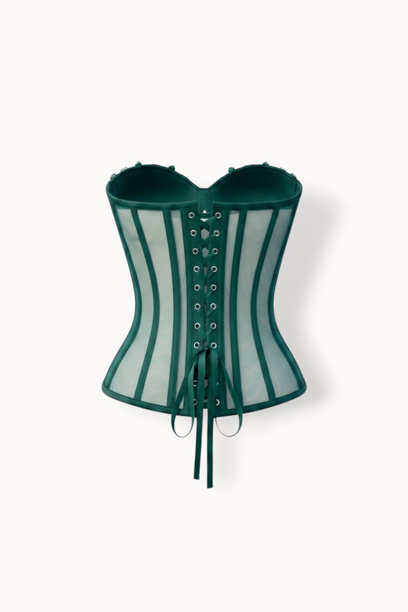 Corset cu pietre și tul transparent – verde smarald