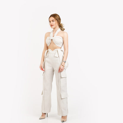 Compleu din 2 piese, top si pantaloni cargo din in - off white