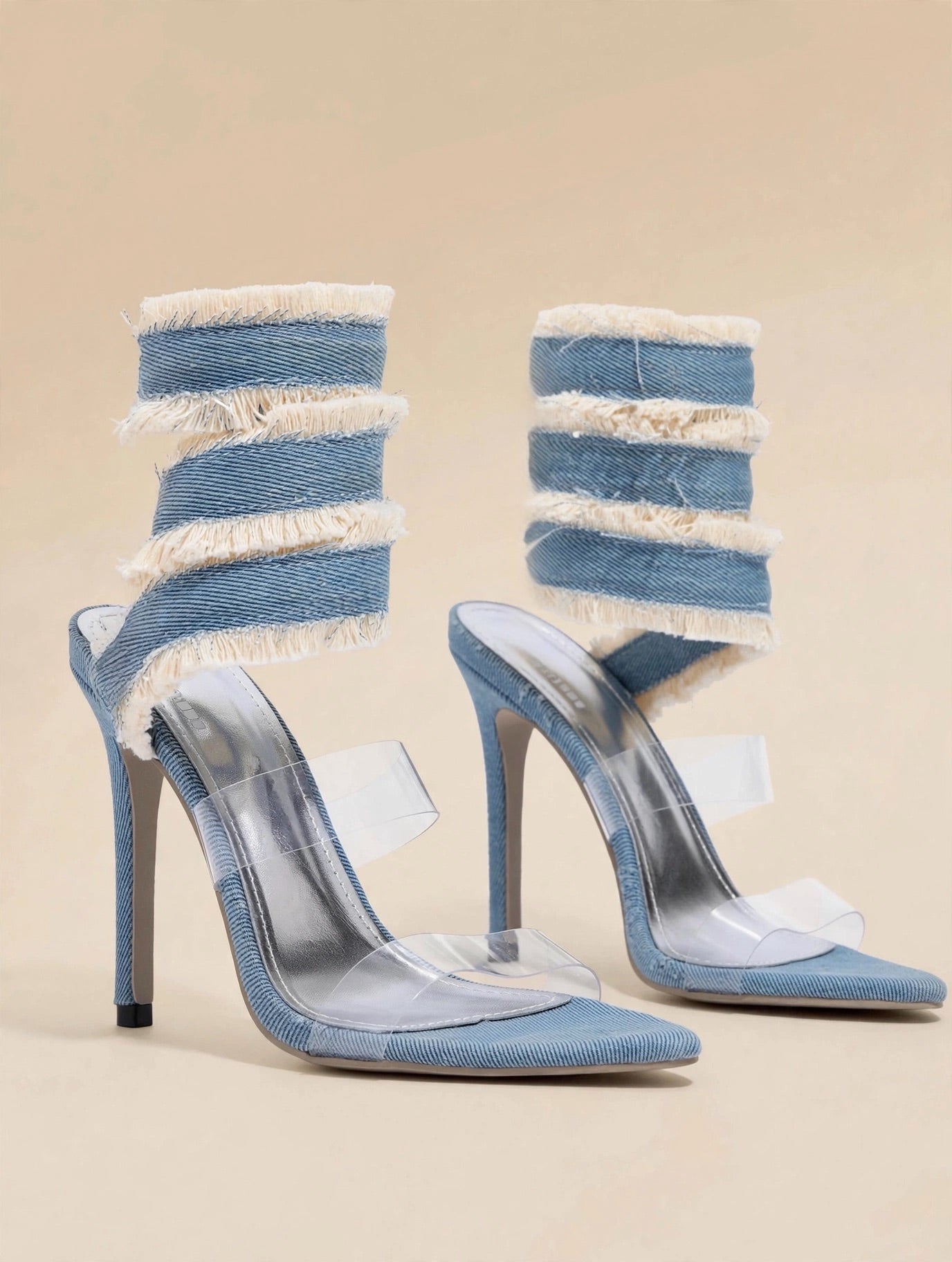 INDIGO sandale cu toc - denim cu franjuri