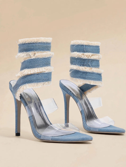 INDIGO sandale cu toc - denim cu franjuri