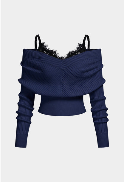 Compleu din 2 piese, bluza și pantaloni maro din piele cu dantelă - alb/maro