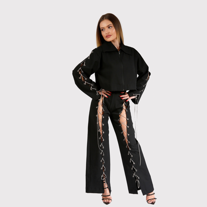 Compleu din 2 piese, geaca si pantaloni cu snur - negru