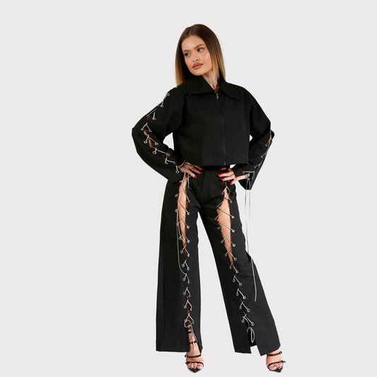 Compleu din 2 piese, geaca si pantaloni cu snur - negru