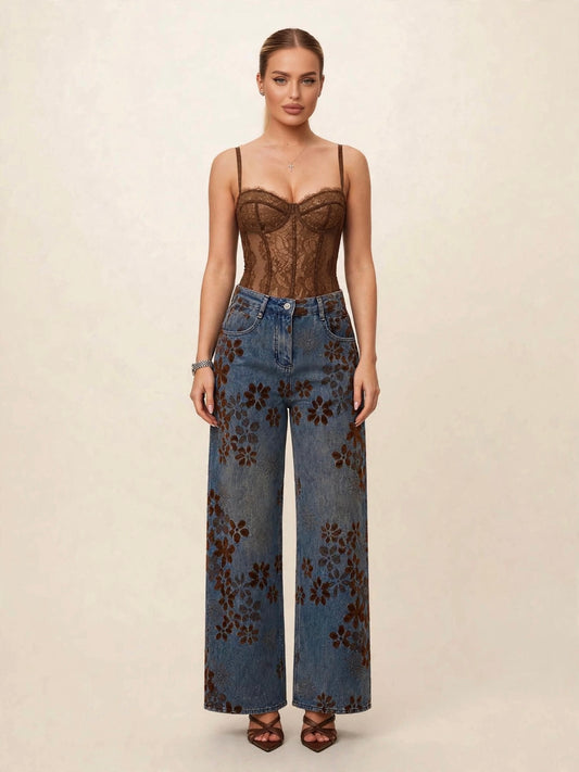 Compleu din 2 piese, body și pantaloni denim - maro