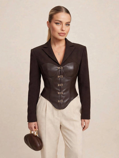 Sacou corset cu insert piele ecologică și închidere cu clipsuri metalice - maro