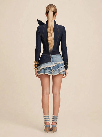 Body cu mânecă lungă, eșarfă twist și nasturi sidefați - denim