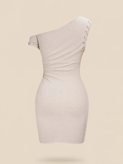Rochie mini one-shoulder cu șireturi și capse - bej