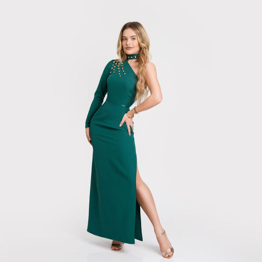 Rochie longa cu pietre - verde, negru, bej